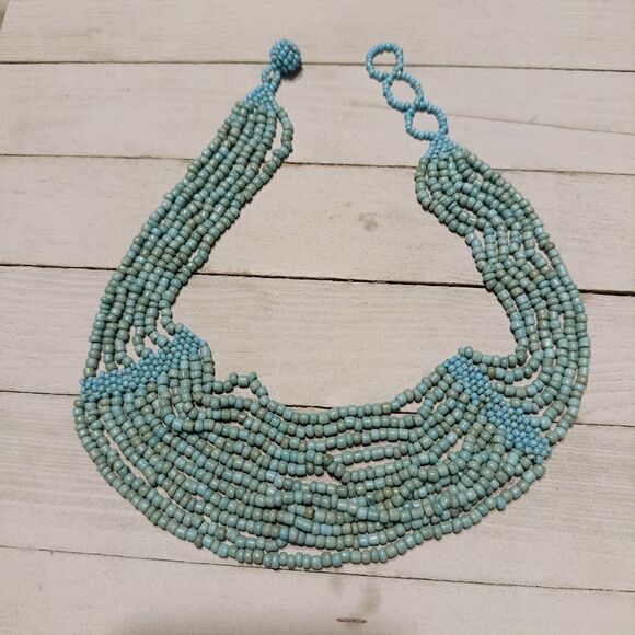 Vintage Beach Inspired Turquoise Blue Beaded Multi Strand Statement Necklace - Picture 1 of 5
